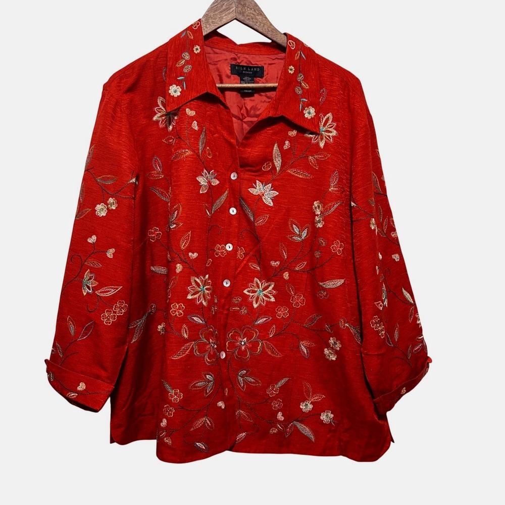 Vintage Silk Land Woman Cottage Boho Embroidered Top 3X Red Silk Floral Jacket